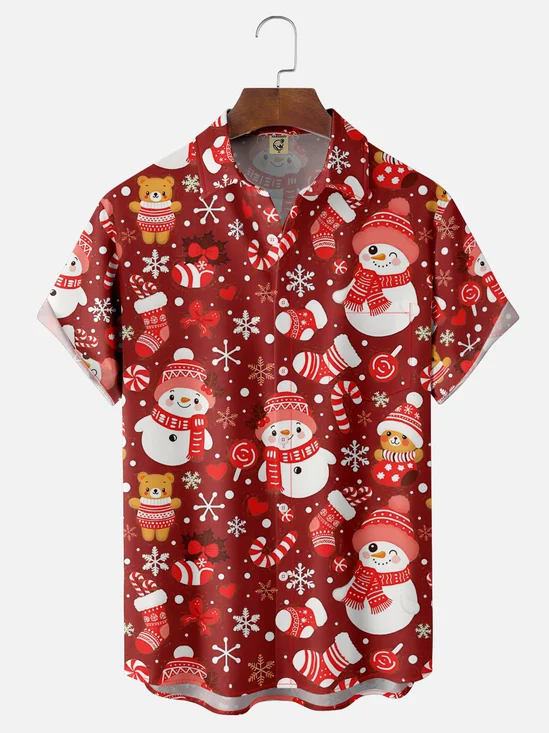 Moisture-wicking Christmas Snowman Chest Pocket Casual Shirt