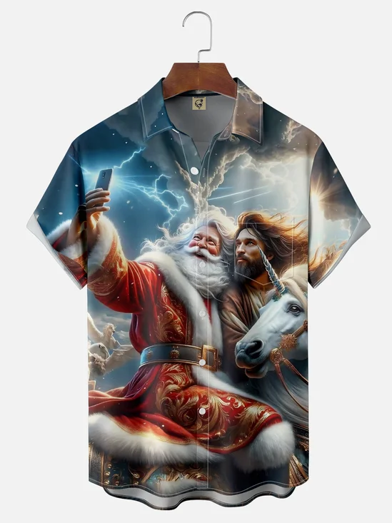 Moisture-wicking Christmas Santa Claus and Jesus Chest Pocket Casual Shirt