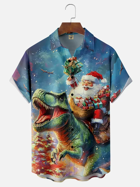 Moisture Wicking Merry Christmas Dinosaur Santa Chest Pocket Hawaiian Shirt