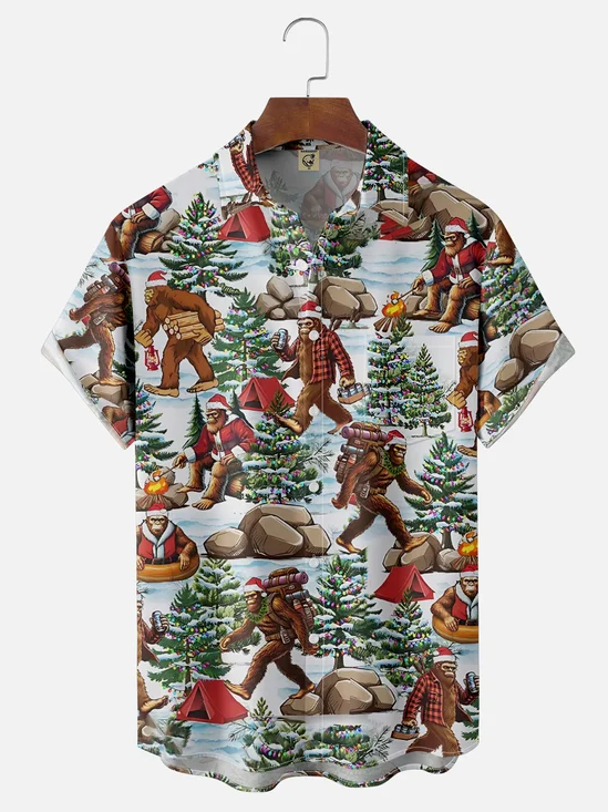 Moisture Wicking Merry Christmas Bigfoot Camping Chest Pocket Hawaiian Shirt