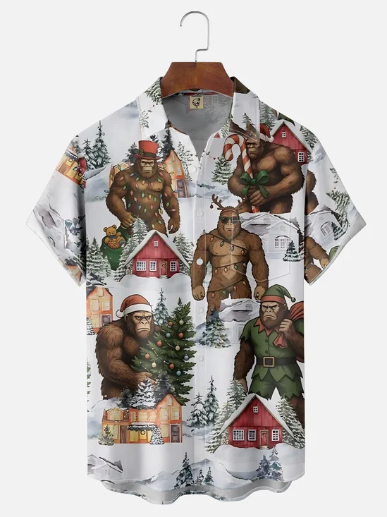 Moisture Wicking Merry Christmas Bigfoot Chest Pocket Hawaiian Shirt