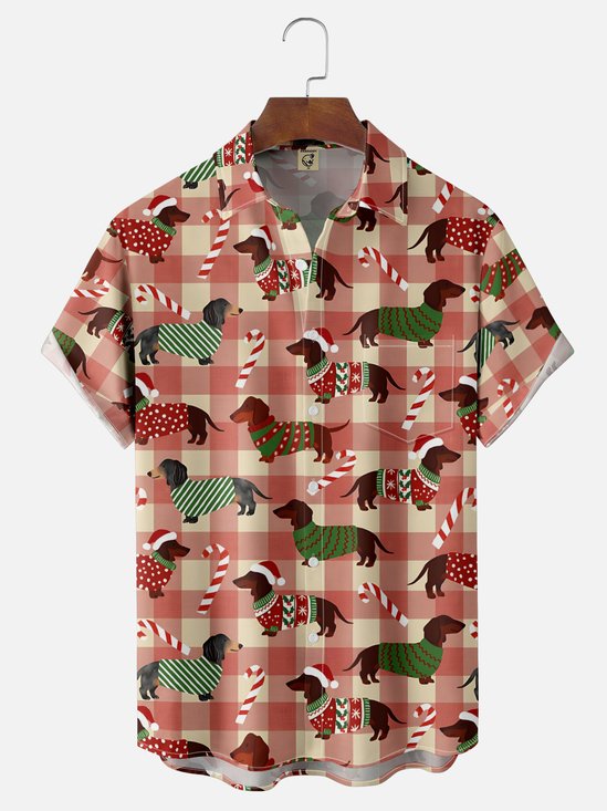Moisture-wicking Christmas Dachshund Chest Pocket Casual Shirt