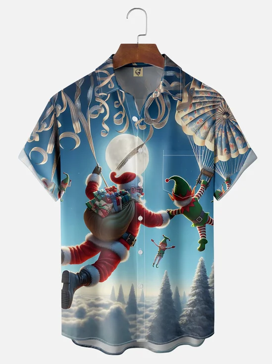 Moisture Wicking Merry Christmas Airborne Santa Claus Delivering Gifts Chest Pocket Hawaiian Shirt