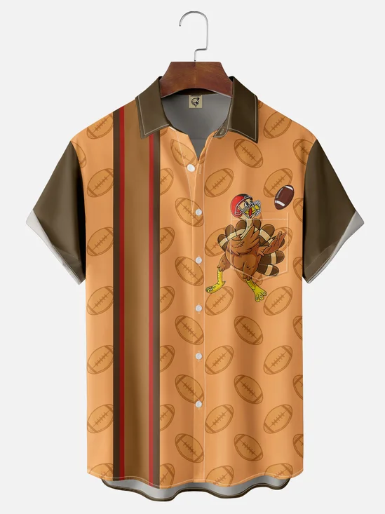 Moisture-wicking Thanksgiving Turkey Chest Pocket Bowling Shirt