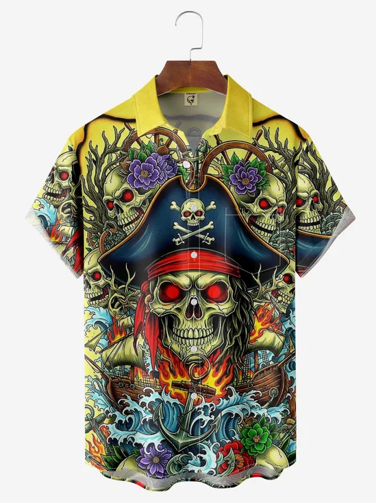 Moisture-wicking Pirate Skeleton Waves Chest Pocket Hawaiian Shirt