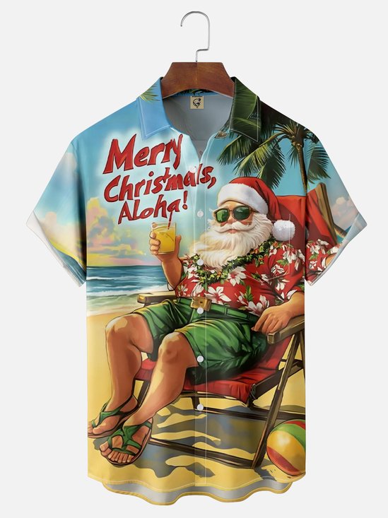 Moisture Wicking Merry Christmas Santa Exclusive Chest Pocket Hawaiian Shirt
