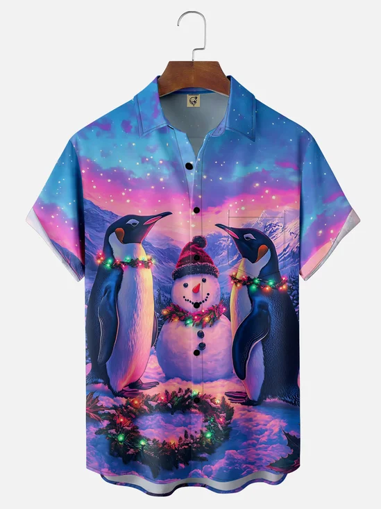 Moisture-wicking Christmas Santa Claus Snowman Penguin Chest Pocket Casual Shirt