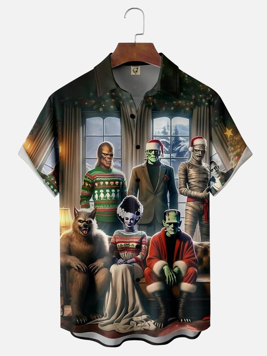 Moisture Wicking Monster Christmas Chest Pocket Hawaiian Shirt