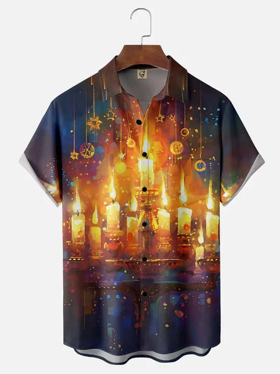 Moisture-wicking Hanukkah Candle Art Chest Pocket Casual Shirt