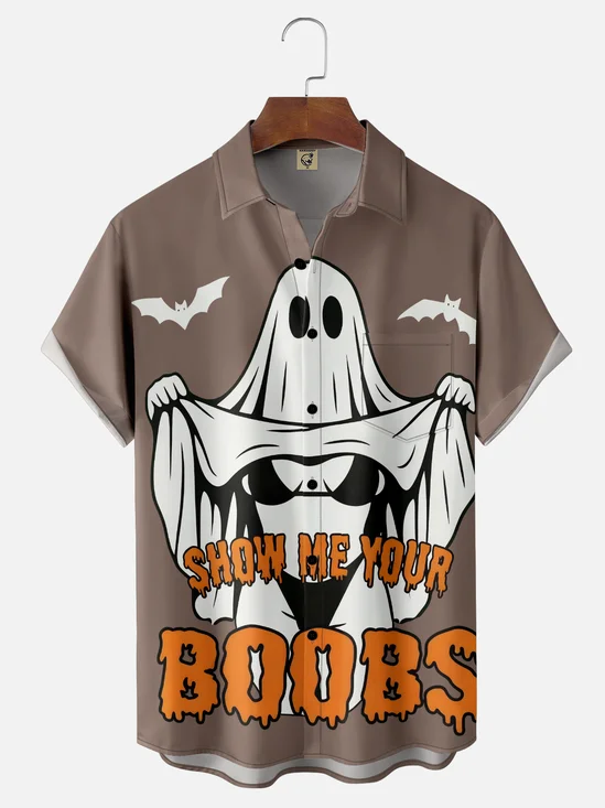 Moisture-Wicking Halloween Sexy Ghost Text Letters Chest Pocket Hawaiian Shirt