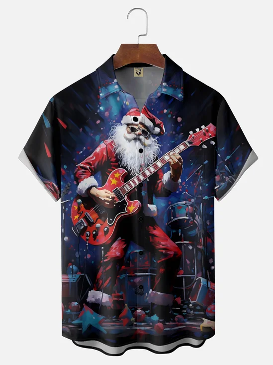 Moisture Wicking Merry Christmas Rock Guitar Santa Chest Pocket Hawaiian Shirt
