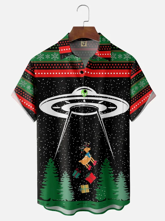 Moisture-wicking Christmas UFO Reindeer Chest Pocket Casual Shirt