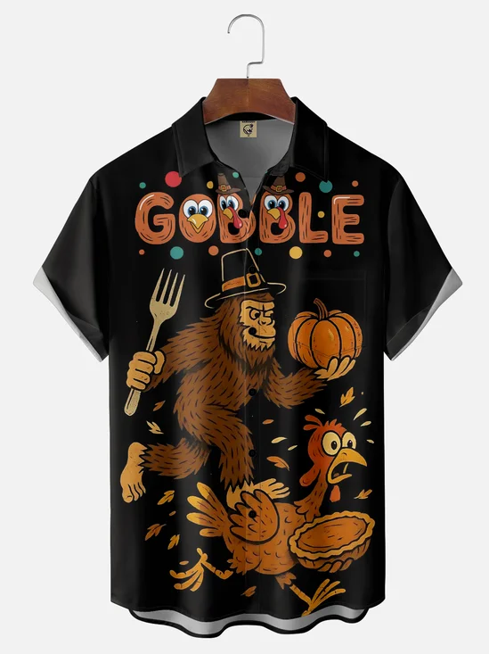 Moisture Wicking Thanksgiving Funny Bigfoot Turkey Chest Pocket Hawaiian Shirt