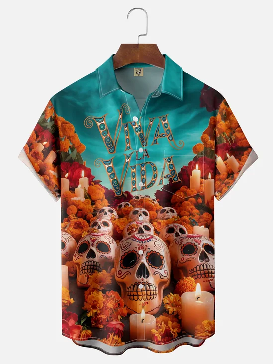 Moisture-wicking Day of the Dead Skull Art Chest Pocket Casual Shirt