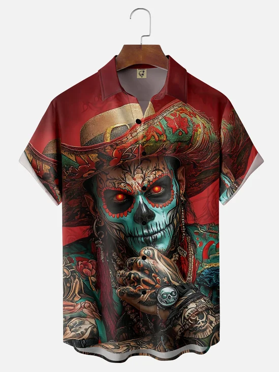 Moisture-wicking Day of the Dead Skull Art Chest Pocket Casual Shirt