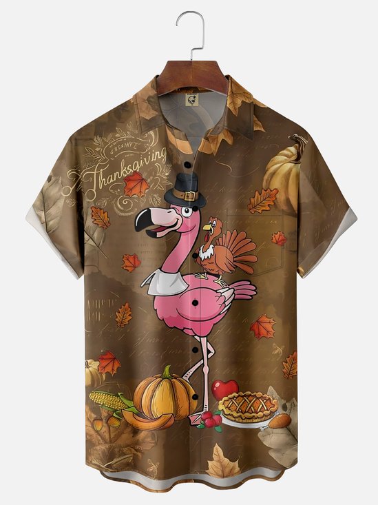 Moisture Wicking Thanksgiving Fun Turkey Flamingo Chest Pocket Hawaiian Shirt