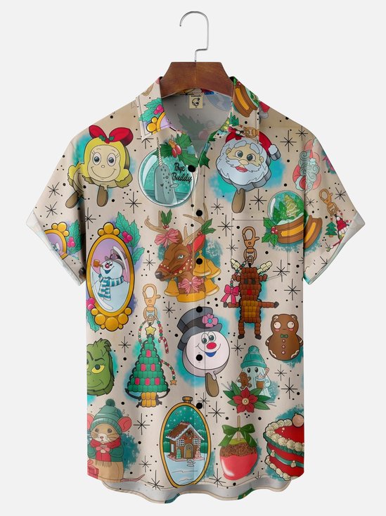 Moisture-Wicking Christmas Snowman Frosty The Snowman Santa Claus Christmas Tree Elk Chest Pocket Hawaiian Shirt