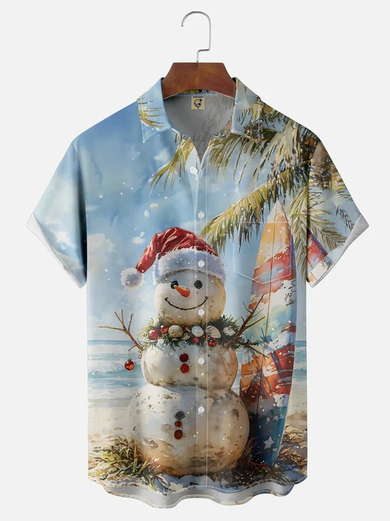 Moisture-wicking Christmas Snowman Beach Fun Chest Pocket Casual Shirt
