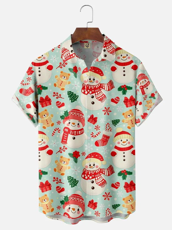 Moisture-wicking Christmas Snowman Candy Cane Chest Pocket Casual Shirt