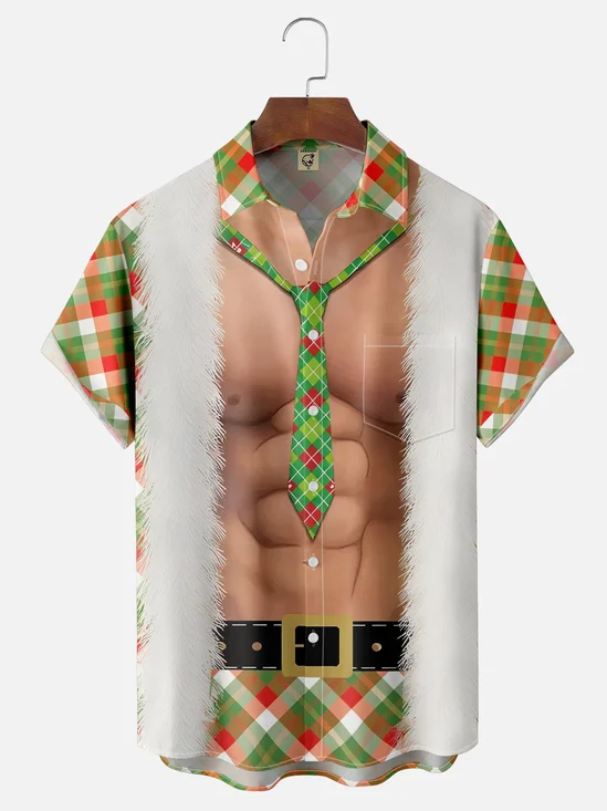 Moisture-Wicking Christmas Decoration Clothes Muscle Plaid Chest Pocket Hawaiian Shirt