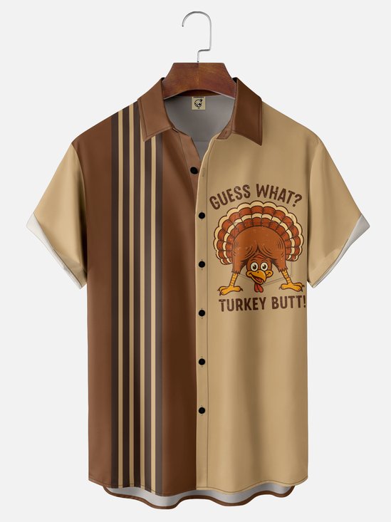 Moisture-wicking Thanksgiving Guess What？Turkey Butt！Chest Pocket Bowling Shirt