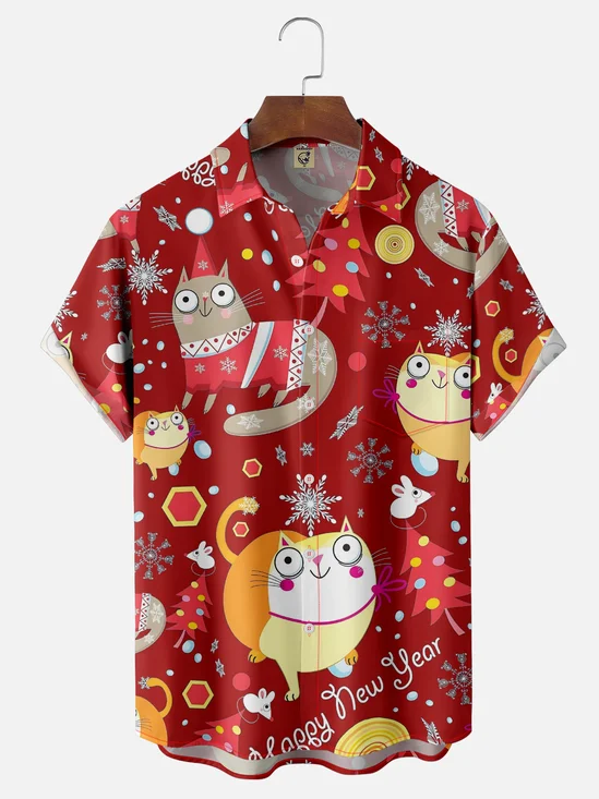 Moisture-wicking Christmas Santa Claus Cat Chest Pocket Casual Shirt