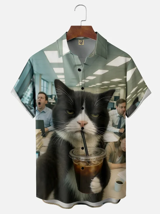 Moisture-wicking Fun Cat Overtime Coffee Chest Pocket Casual Shirt