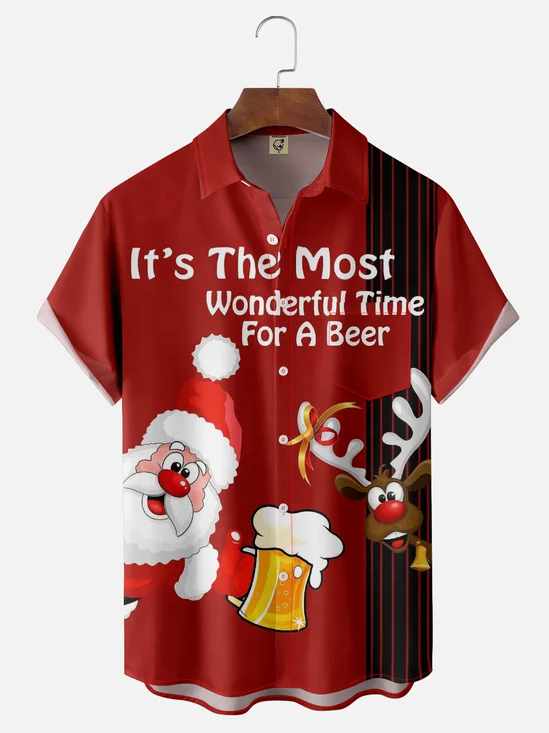 Moisture-wicking Christmas Santa Claus Reindeer Beer Chest Pocket Bowling Shirt