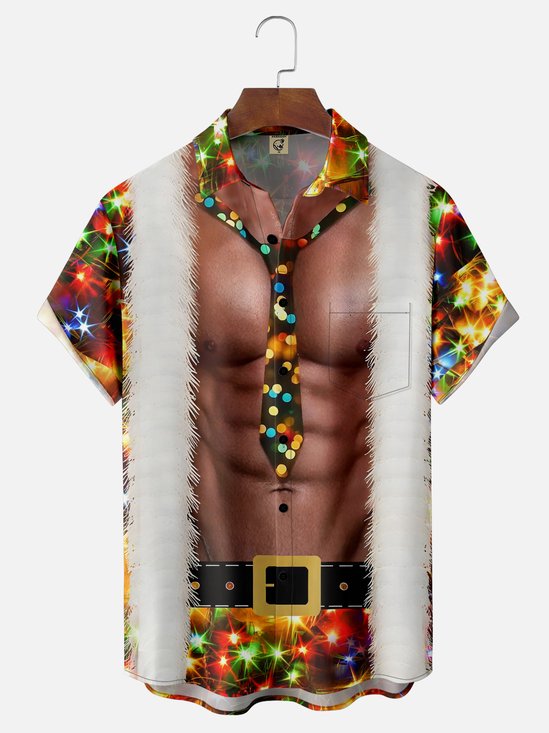 Moisture-Wicking Christmas Decoration Clothes Muscle Lights Chest Pocket Hawaiian Shirt