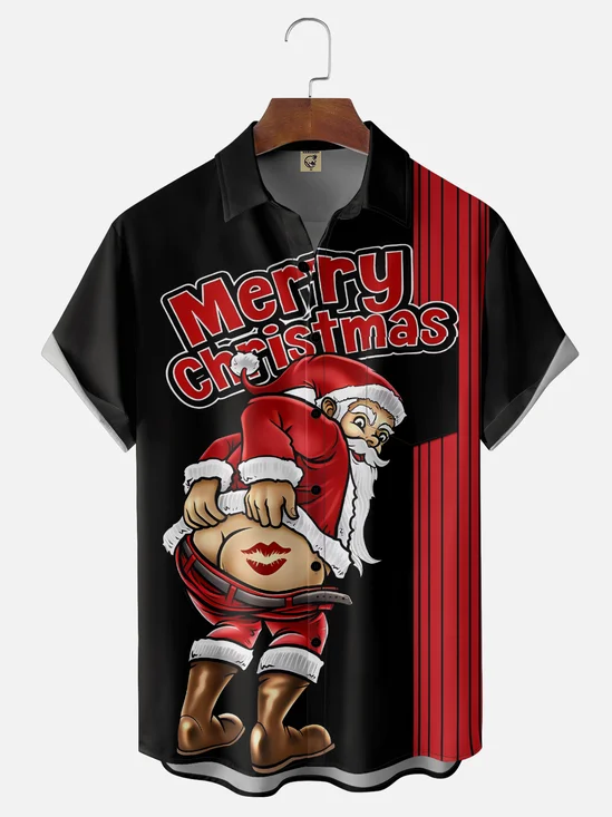 Moisture-wicking Christmas Santa Claus Chest Pocket Bowling Shirt