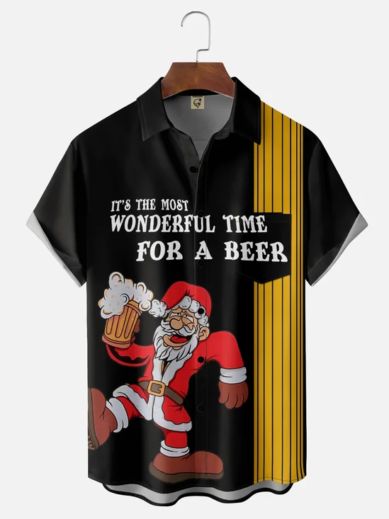 Moisture-wicking Christmas Santa Claus Beer Chest Pocket Bowling Casual Shirt