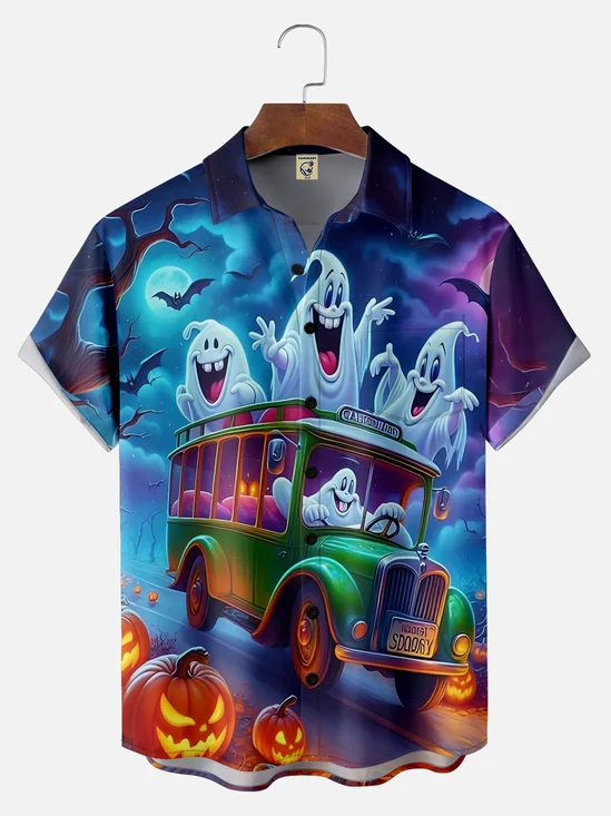 Big Size Moisture-Wicking Halloween Gradient Ghost Car Pumpkin Chest Pocket Hawaiian Shirt