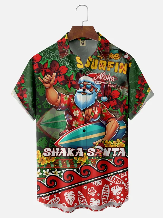 Moisture-wicking Christmas Santa Claus Tropical Chest Pocket Casual Shirt