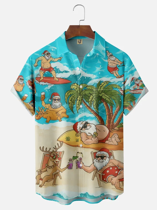 Moisture-wicking Christmas Santa Claus On Vacation Chest Pocket Hawaiian Shirt