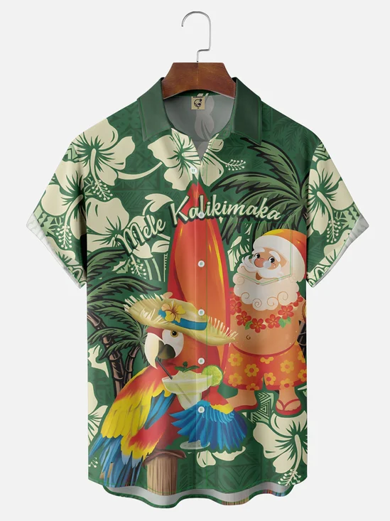 Moisture-wicking Christmas Santa Claus Tropical Palm Chest Pocket Hawaiian Shirt