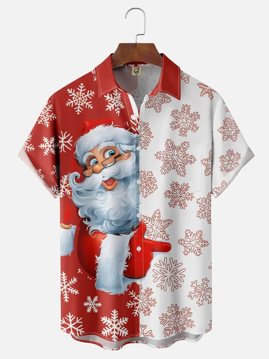 Moisture-wicking Christmas Santa Claus Chest Pocket Casual Shirt