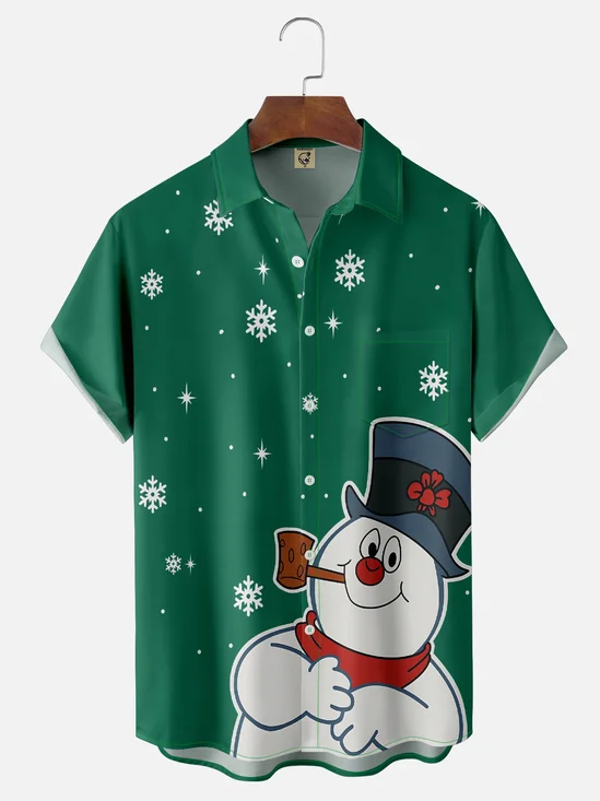 Moisture-wicking Christmas Snowman Chest Pocket Casual Shirt