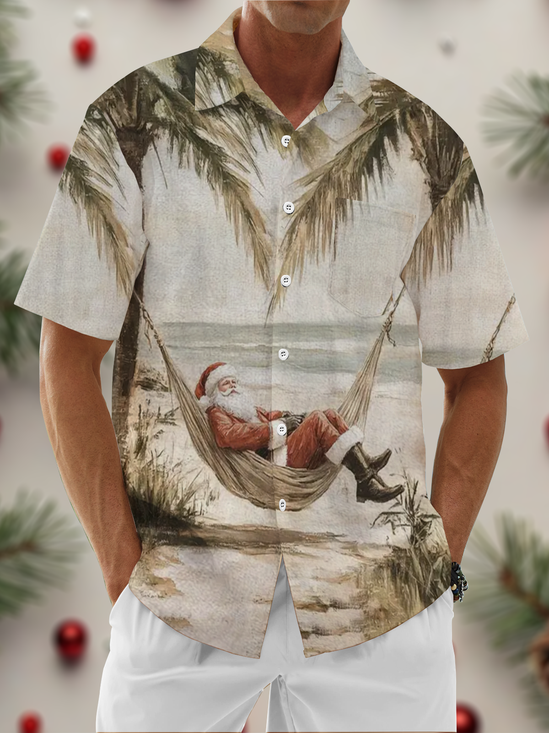 Moisture Wicking Merry Christmas Holiday Santa Chest Pocket Hawaiian Shirt