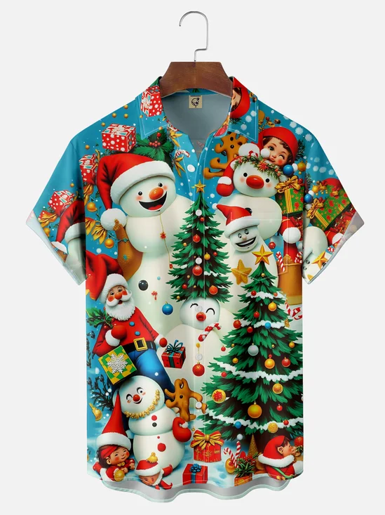Moisture-wicking Christmas Snowman Chest Pocket Casual Shirt