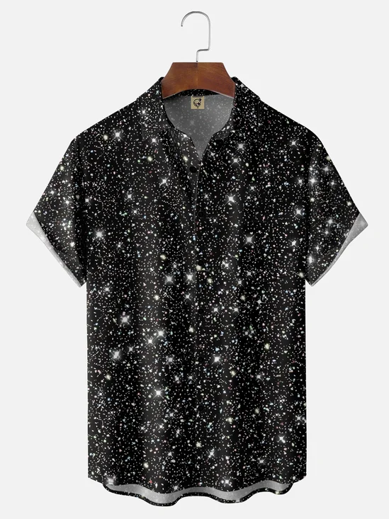 Moisture-wicking Retro Gradient Glitter Print Chest Pocket Party Shirt