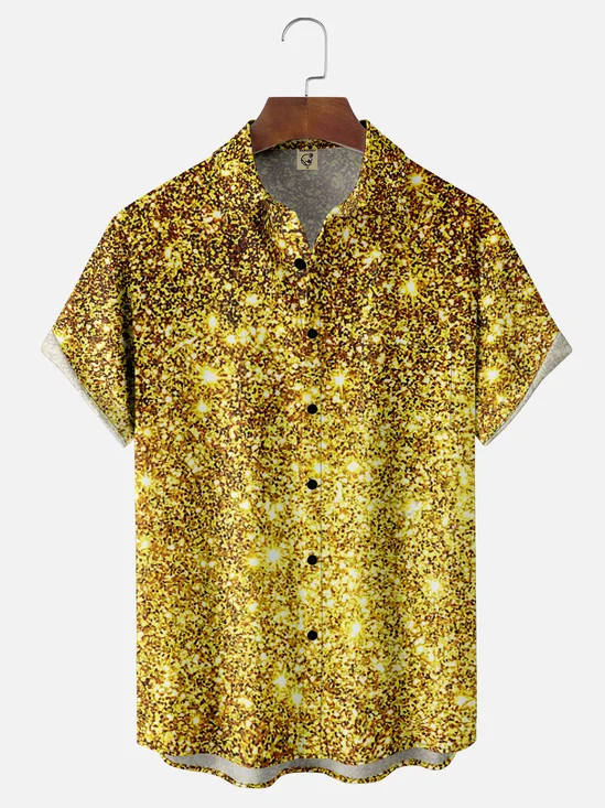 Moisture-wicking Retro Glitter Print Chest Pocket Party Shirt