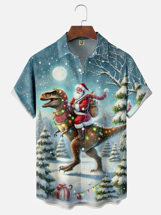 Moisture Wicking Merry Christmas Funny Dinosaur Santa Chest Pocket Hawaiian Shirt