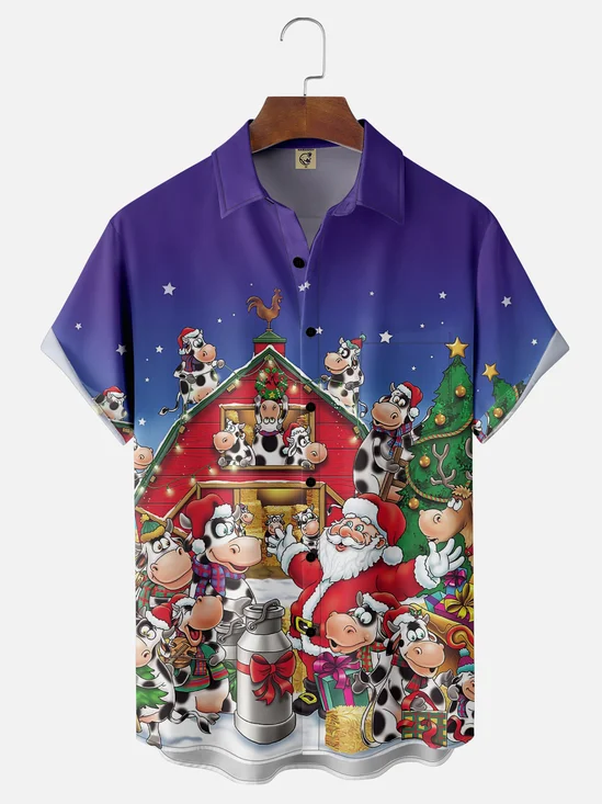 Moisture Wicking Merry Christmas Funny Santa Cow Chest Pocket Hawaiian Shirt
