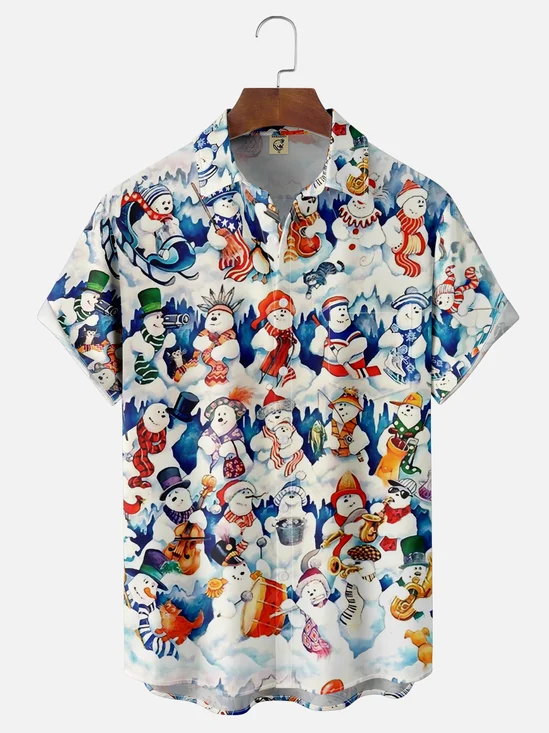 Moisture Wicking Merry Christmas Snowman Chest Pocket Hawaiian Shirt