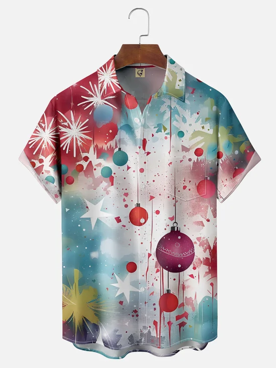 Moisture Wicking Merry Christmas Star Snowflake Chest Pocket Hawaiian Shirt