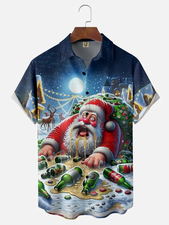Moisture Wicking Merry Christmas Funny Drunk Santa Chest Pocket Hawaiian Shirt