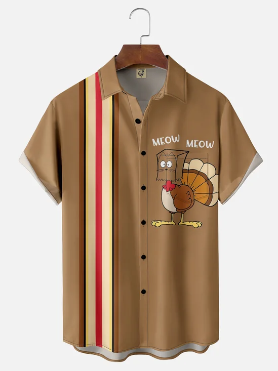 Moisture-Wicking Fun Thanksgiving Turkey Chest Pocket Bowling Shirt