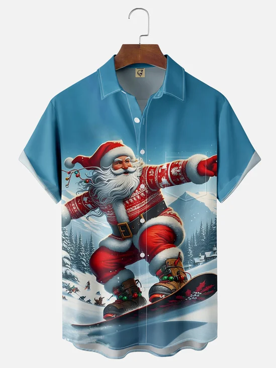 Moisture Wicking Merry Christmas Funny Ski Santa Chest Pocket Hawaiian Shirt