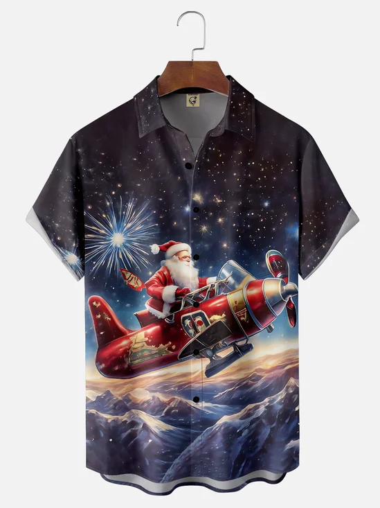 Moisture Wicking Merry Christmas Funny Santa Flying on a Plane Chest Pocket Hawaiian Shirt