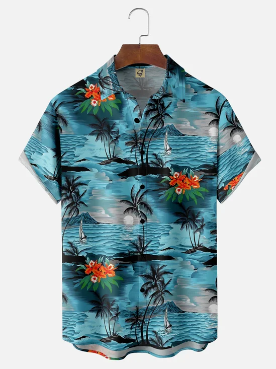 Moisture-Wicking Gradient Beach Coconut Tree Flower Chest Pocket Hawaiian Shirt